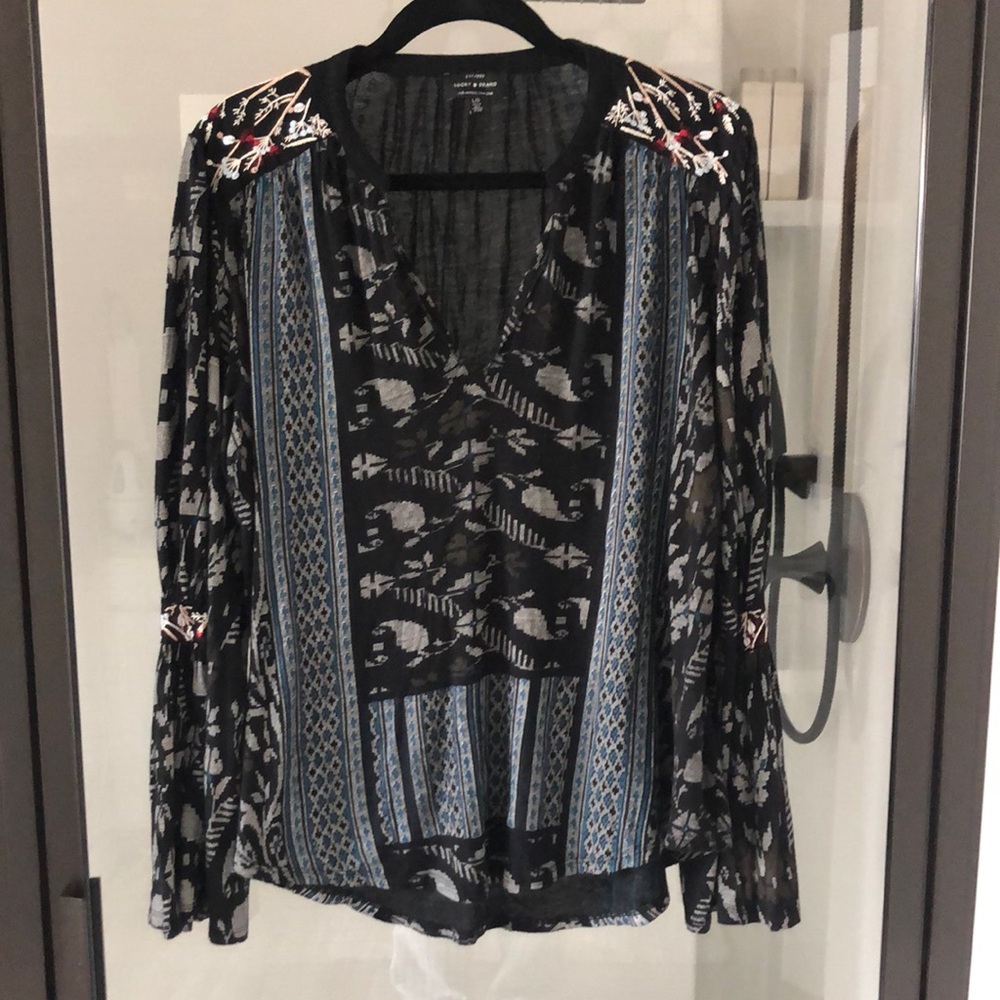 Lucky Brand black blue embroidered boho peasant viscose blouse L hippie bohemian